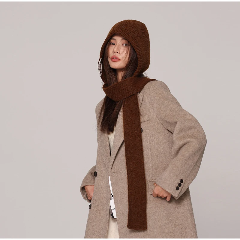 Winter Warm Soft Knitted Hat Shawl Women\'s 2-in-1 Caps Thicken Earmuff Hood Scarf High Quality Designer Warm Pullover Snood Hat