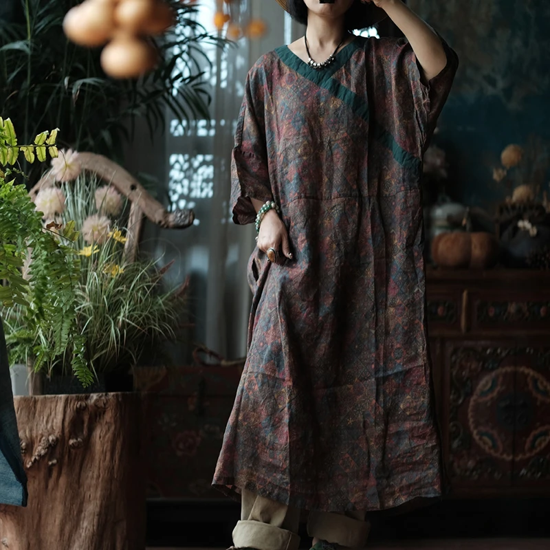 Abito lungo casual da donna oversize Nuovo arrivo 2025 Abiti estivi in lino femminile allentati con stampa floreale stile vintage con scollo a V M1669