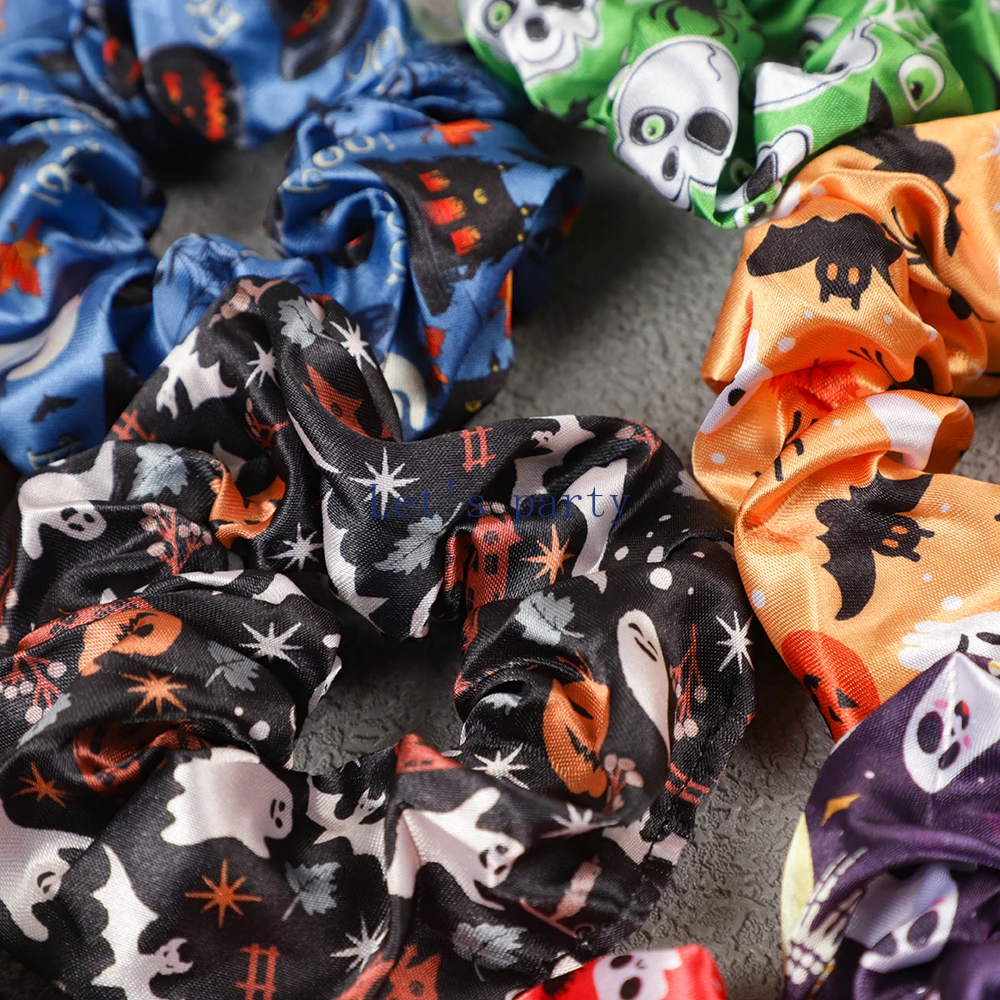 8Pcs Cartoon Ghost Pumpkin Hair Ties Skull Bat Satin Hair Band for Girl Halloween Theme Party Favors Goodie Bag Pinata Fillers