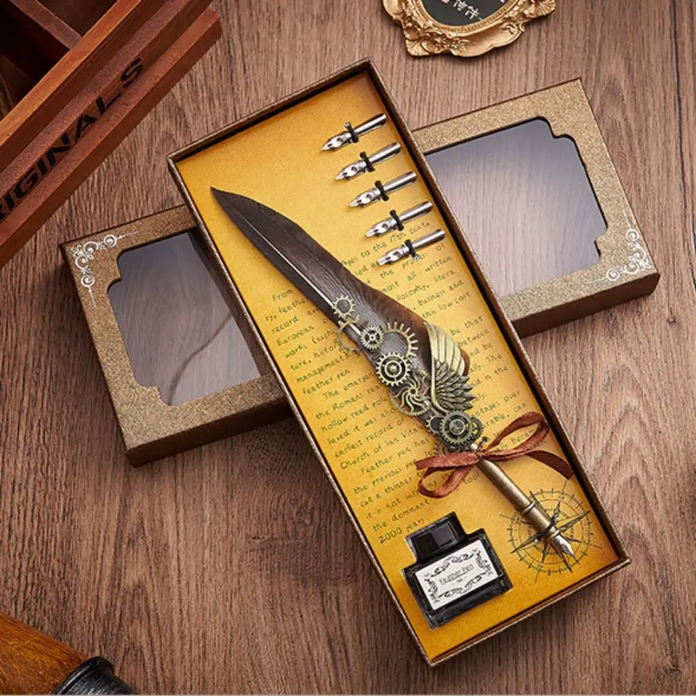 

Retro Punk Dipped in Water Pen Replaceable 5 Nib European Style Metal Signature Pen Fountain Pen Vintage Luxury Feather Pen