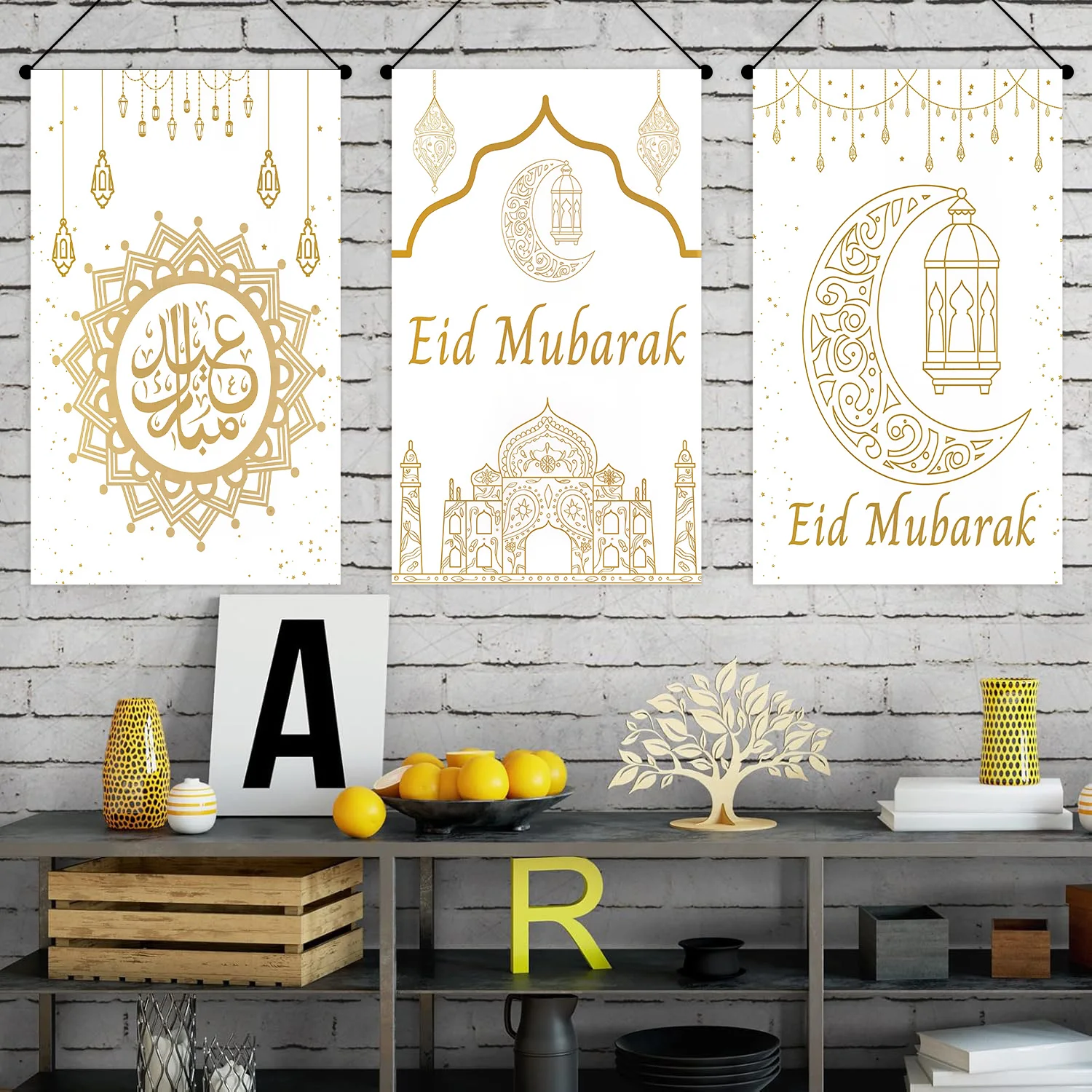 3 قطع من لافتة عيد الفطر الذهبية المعلقة لتزيين الحفلات، ديكور مهرجان العطلات، لافتة نجمة القمر، هدية للأطفال والكبار