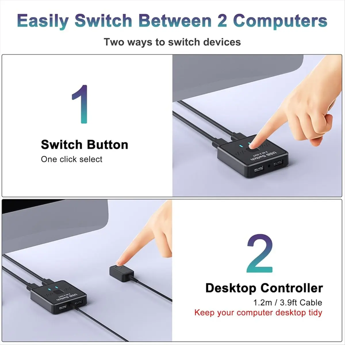 USB Switch 2 in 2 Out, Sharing Keyboard, Mouse, Printer, Scanner, Webcam Between Two Computers, with External Controller