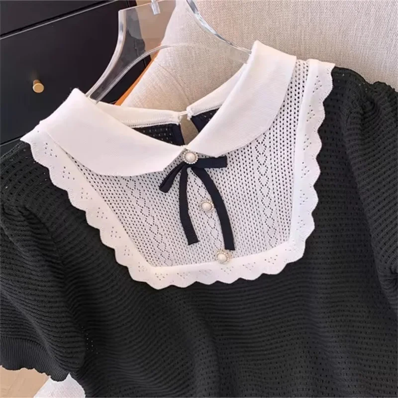 Estate vintage dolce fiocco colletto alla Peter Pan pullover maglieria top magliette maglione francese a maniche corte da donna maglietta in maglia scavata