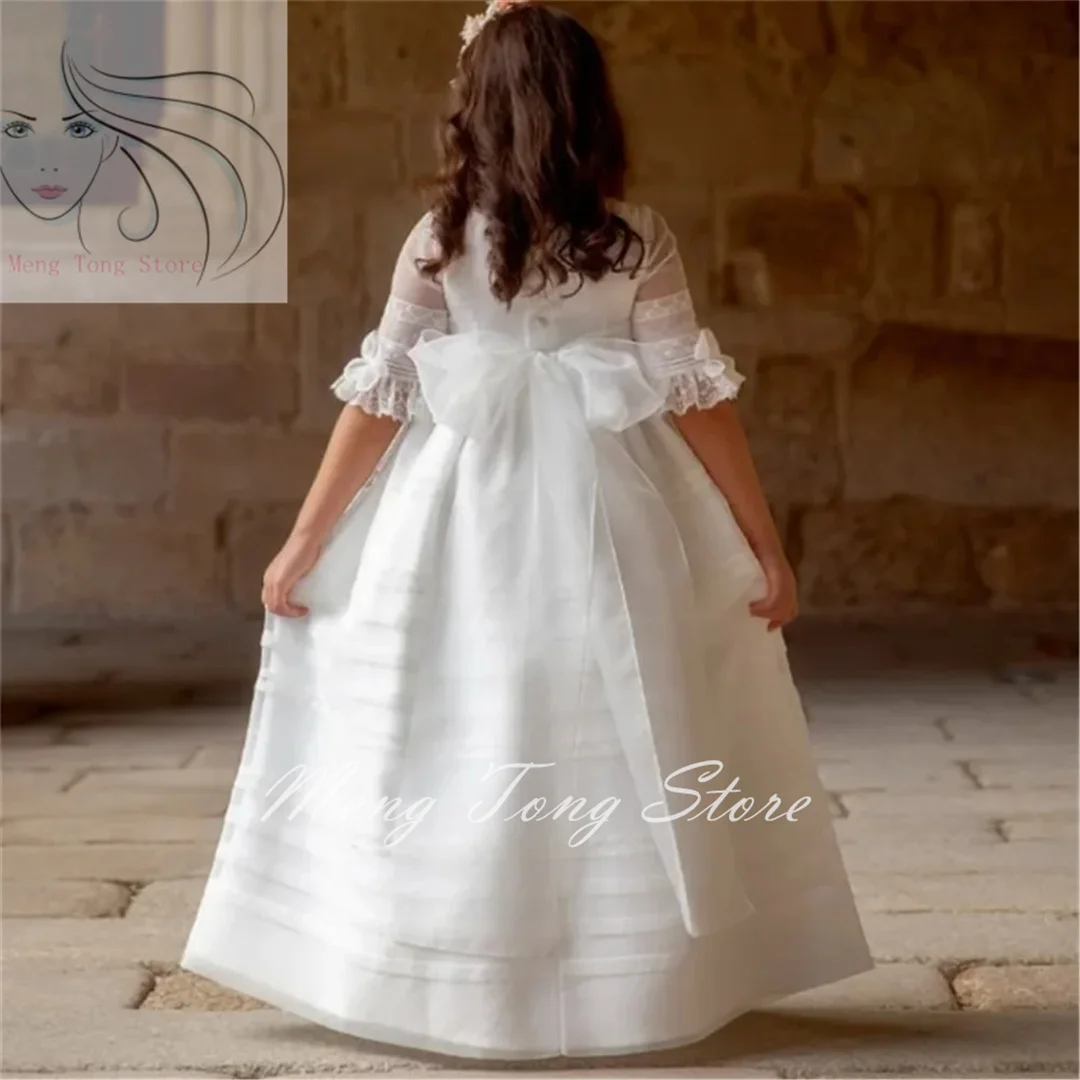 White Half-sleeved Lace Printing Princess Flower Girl Dress prom party First Communion Dresses Kids Surprise Birthday Present