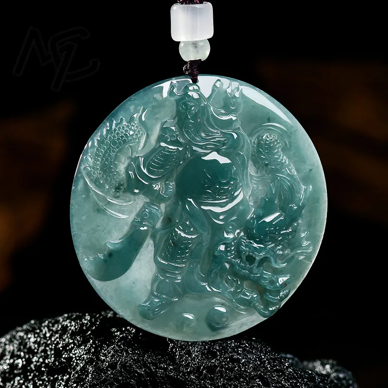 Natural Real Emerald Jade Blue Water Control Dragon Lord Guan Pendant Necklace Carved Jadeite Jewelry Amulet Gifts Certificate