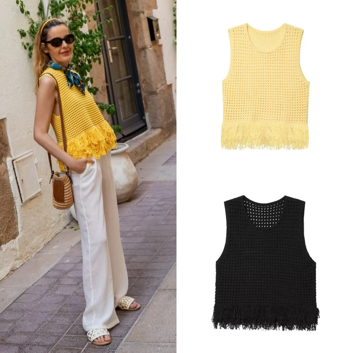 

LIBIELIY Fall/Winter New Casual And Versatile Plaid Knit Fringe Hem Embellished Round-neck Sleeveless Top