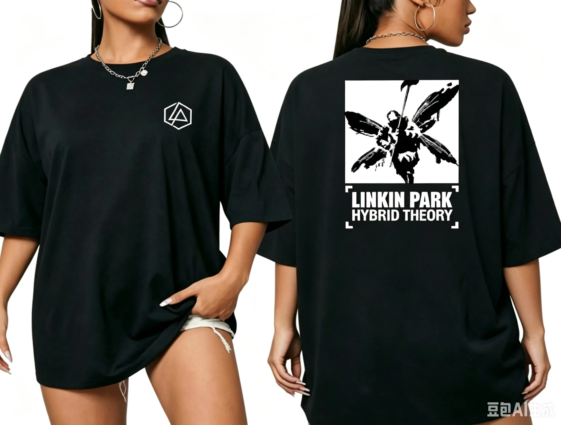 2026 new Lady's black loose cotton T-shirt with double-sided geometric triangle logo and print