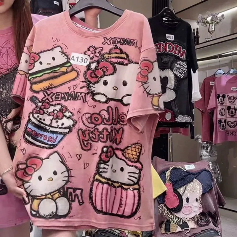 

New 2026 Hello Kitty Print Summer Women's T-shirt Cute Cartoon Sequin Print Heavy Duty Design Fashion Short Sleeve Tops