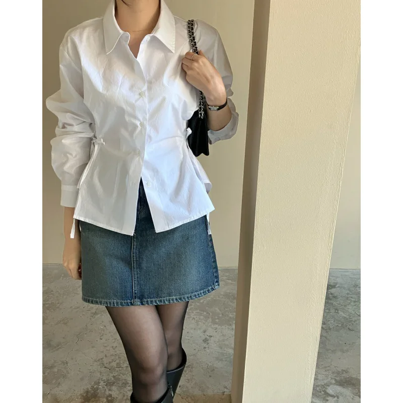 2024 Spring Autumn New Women\'s Blouse Solid Color Polo-Neck Button Fashion All-match Slim Tie Up with Long Sleeve Shirt Tops