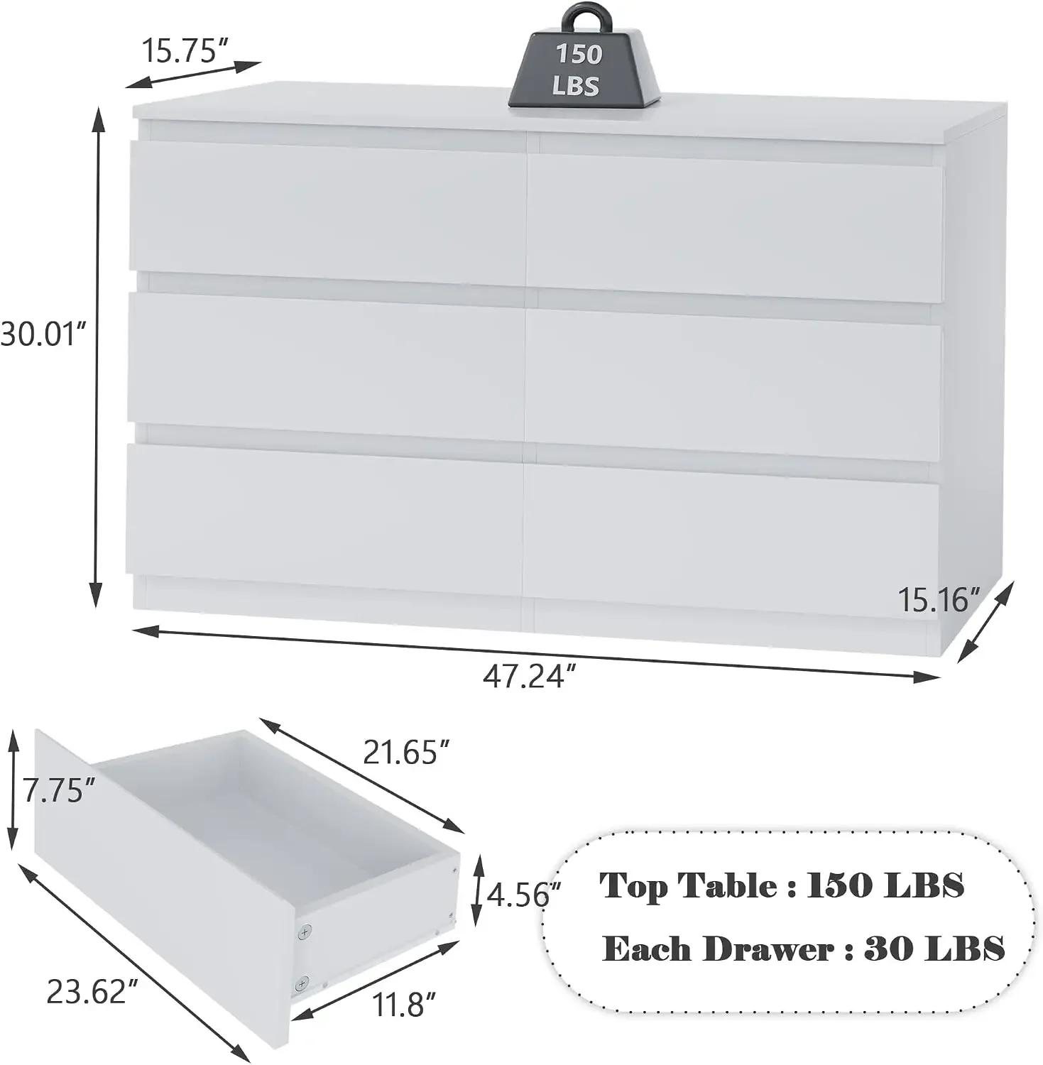 USA StockWhite Dresser for Bedroom,48 Inch Wide 6 Drawers with No Handles,Modern Dresser with Deep Drawers,Large Wood Double Che