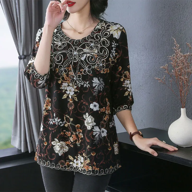 Female Clothing Vintage Floral Printed Shirt Round Neck Spring Summer Casual 3/4 Sleeve Fashion Embroidery Applique Loose Blouse