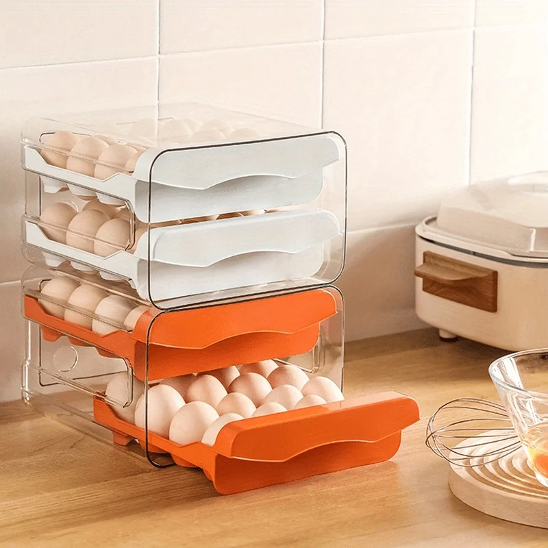 1pc Kitchen Egg Storage Box Refrigerator Fresh Plastic 2-Layer Drawer Type Large Capacity Storage Home Kitchen Organizer Rack