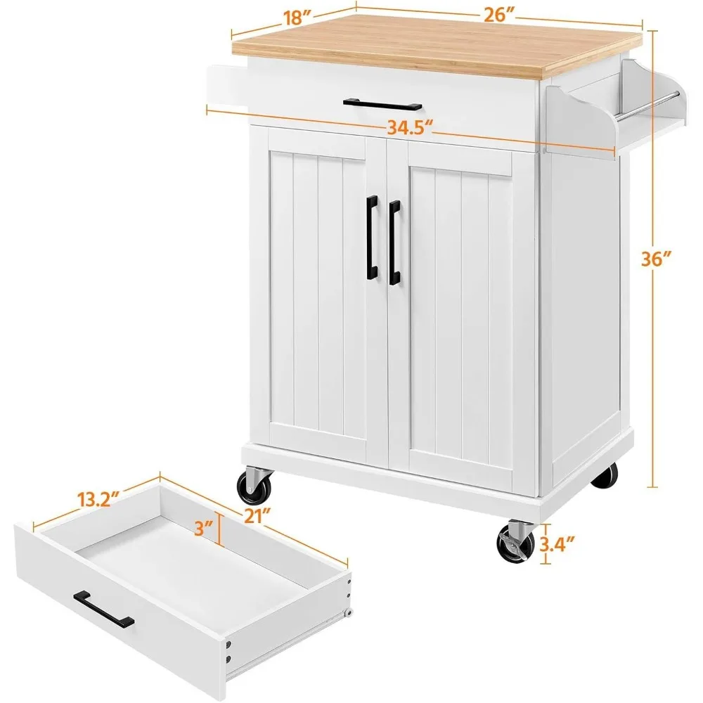 Chariot de cuisine avec dessus de table en bambou, îlot de cuisine roulant de 34.5 po de largeur avec étagère réglable MELand