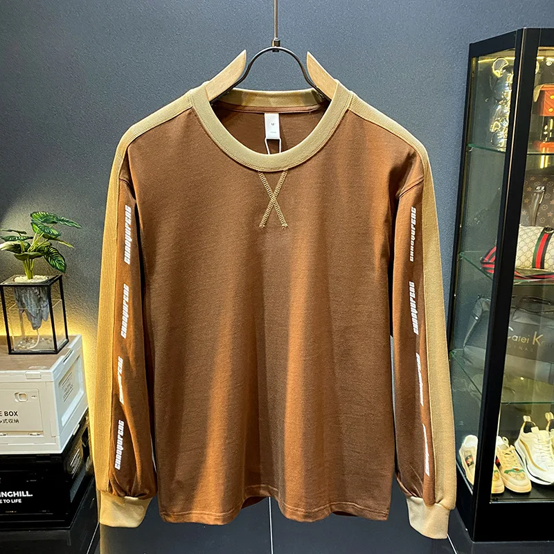 Long sleeved T-shirt base shirt men's 2024 autumn fashion color blocking trend retro round neck loose inner sweatshirt