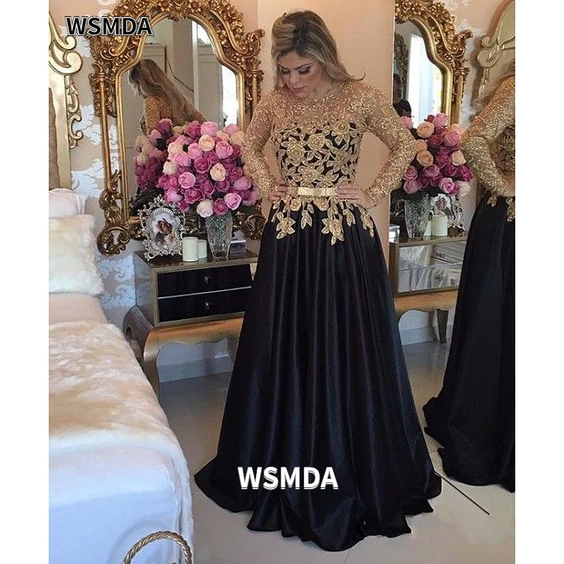 2022 novo elegante mangas compridas vestidos de baile ouro applique preto vestido de noite com cinto cetim formal vestido de baile