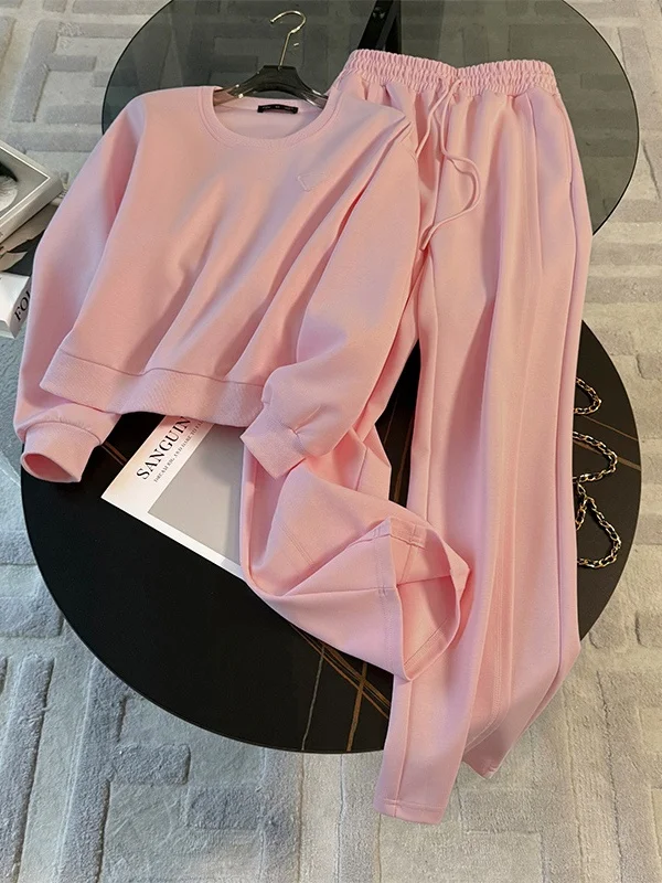 

Модный спортивный костюм Весна 2026: розовый свитшот и брюки с широкими штанинами, комплект из двух предметов в стиле Sweet & Salty, повседневный образ