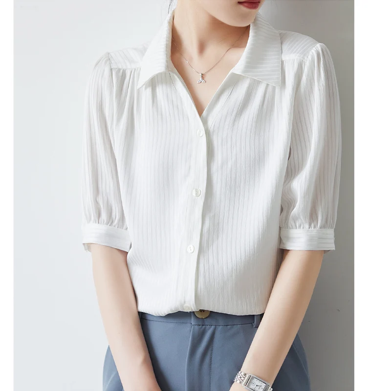 

Women Clothing, Summer Thin Style Chiffon Shirt, Short Sleeve Solid, Daily Casual Loose Tops, Office Lady Fashion Commute Blouse