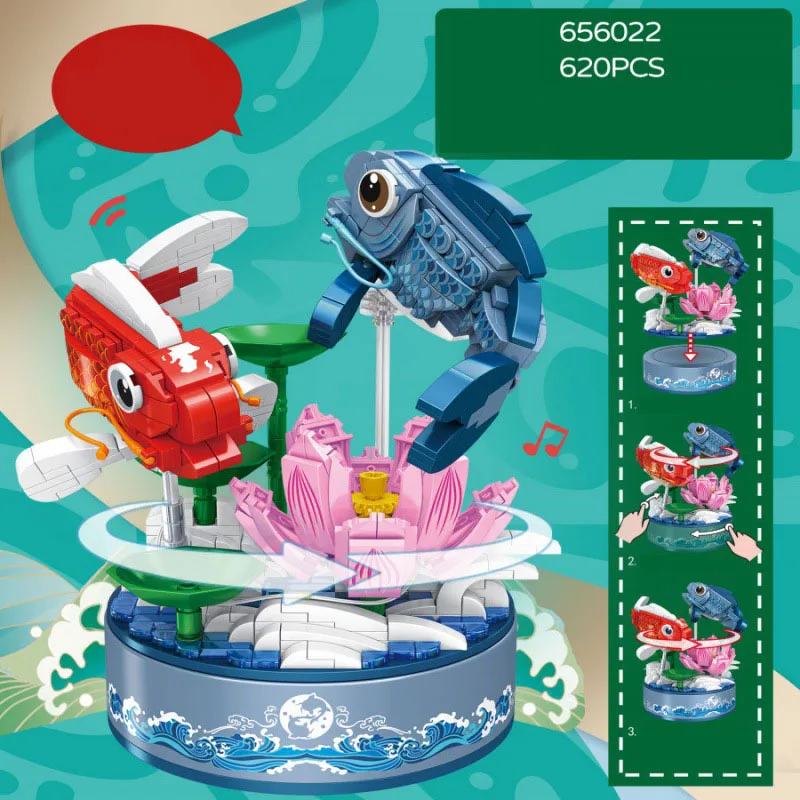 Creative Music Box Block Lotus Pond Pisces Construction Set Model Double Fish Carp Building Bricks Educational Toys With Light