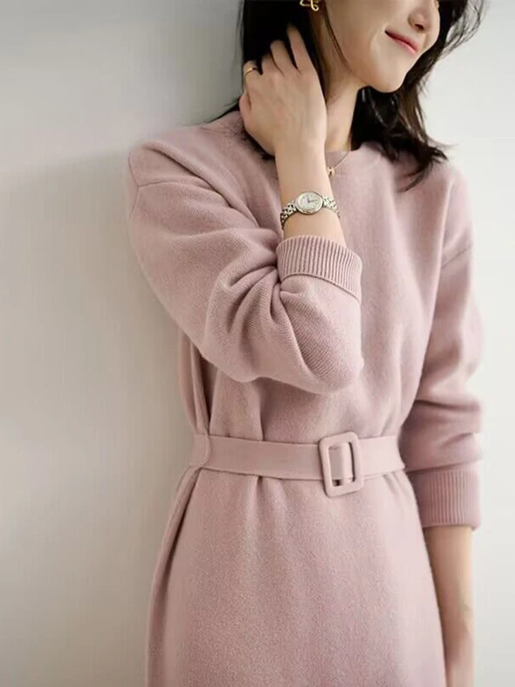 Autumn Winter Knitted Dress 2023 O-Neck Long Sleeve Party Midi Dress for Women Elegant Pink Gray A-line Sweater Dresses Ladies