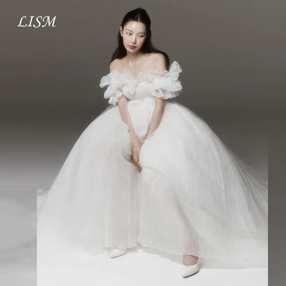 Lism fora do ombro a linha coreia vestidos de casamento sessão de fotos fada vestidos de baile longos tule de seda vestidos de noiva elegantes aktan html
