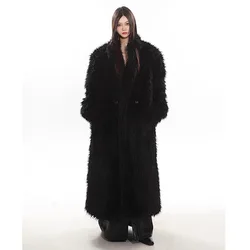 Winter Long Black Hairy Shaggy Fluffy Thick Warm Soft Stylish Faux Lamb Fur Coat Beach Wool Long Coat Toka Roll Wool Trench Coat