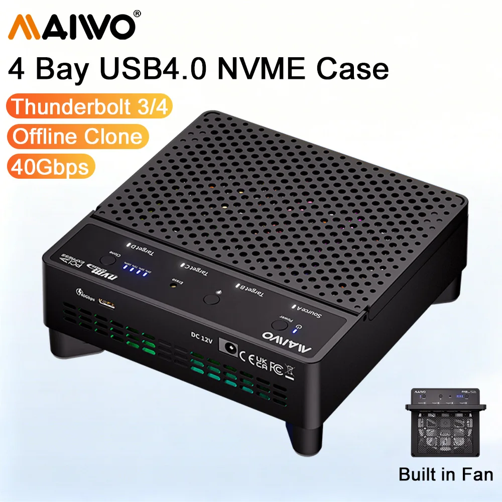 MAIWO 4베이 M.2 NVMe SSD 외장 케이스, 썬더볼트 4/3 USB4 40Gbps 호환, 오프라인 복제 기능 및 내장 냉각 팬 포함