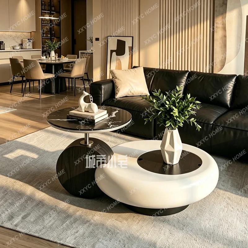 Modern simple round high-end coffee table black and white color matching rock slab coffee table