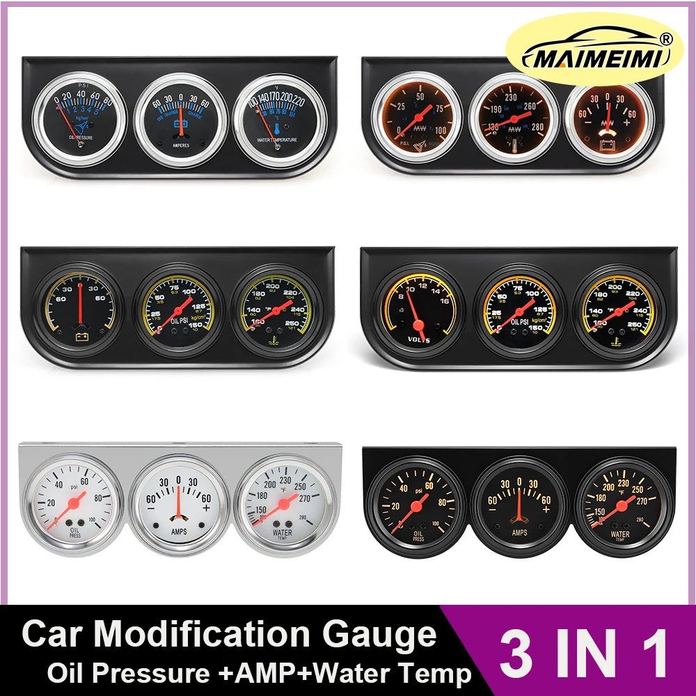3in-1 Car Tripple-Gauge Set Oil Pressure Voltage Water Temperature Combination Table With 1/8 NPT Sensors for Auto Truck 12V24V