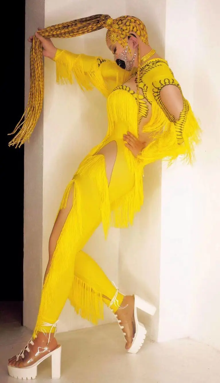 Rhinestones yellow Tassel Stretch Skinny Jumpsuit Long Sleeve Spandex Fringe Printed Leotard Stage Wear Nightclub Party Costume