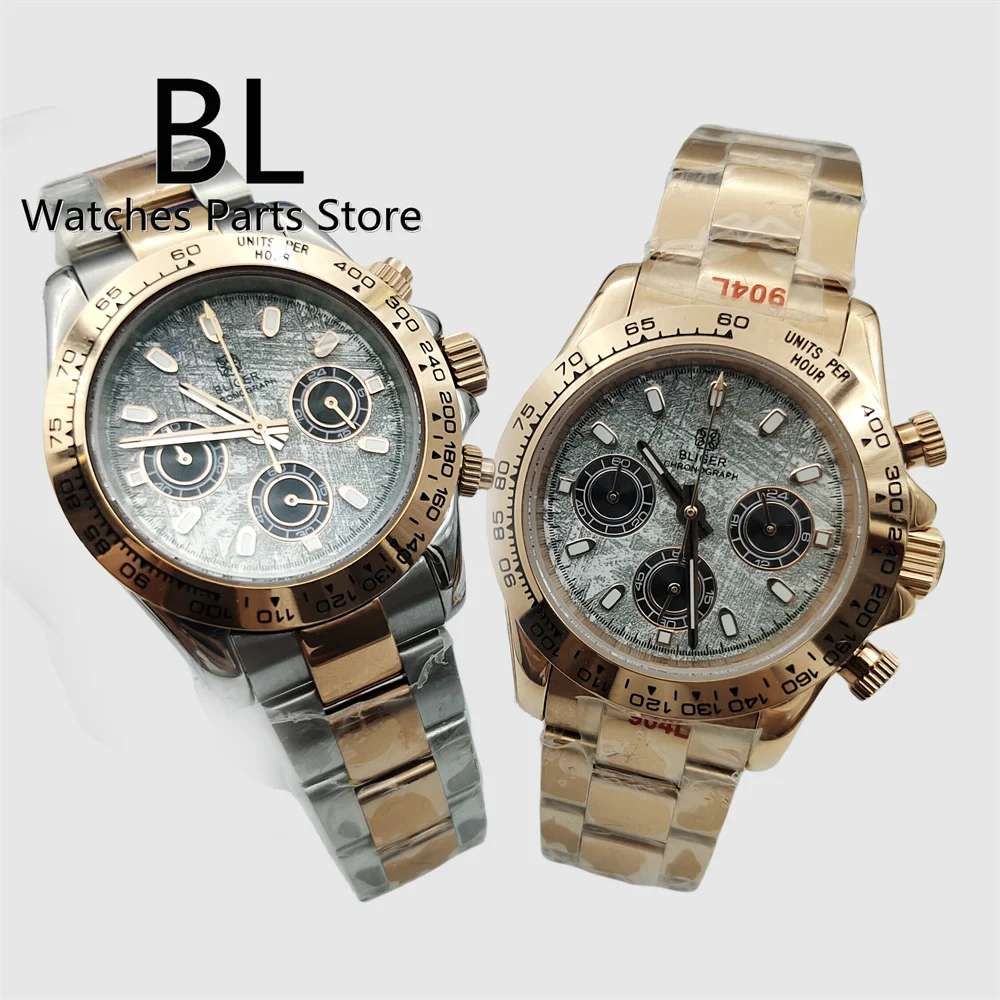 BLIGER Luxury Meteorite Dial VK63 Quartz Watch For Men 39mm Rose Gold Case Stainless Steel Sapphire Glass Sports Chronograph