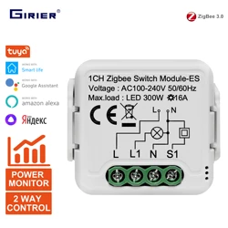 GIRIER Tuya ZigBee 3.0 Smart Switch Module Relay 1 2 Gang 16A Power Metering App Control Work with Alexa Hey Google Hub Required