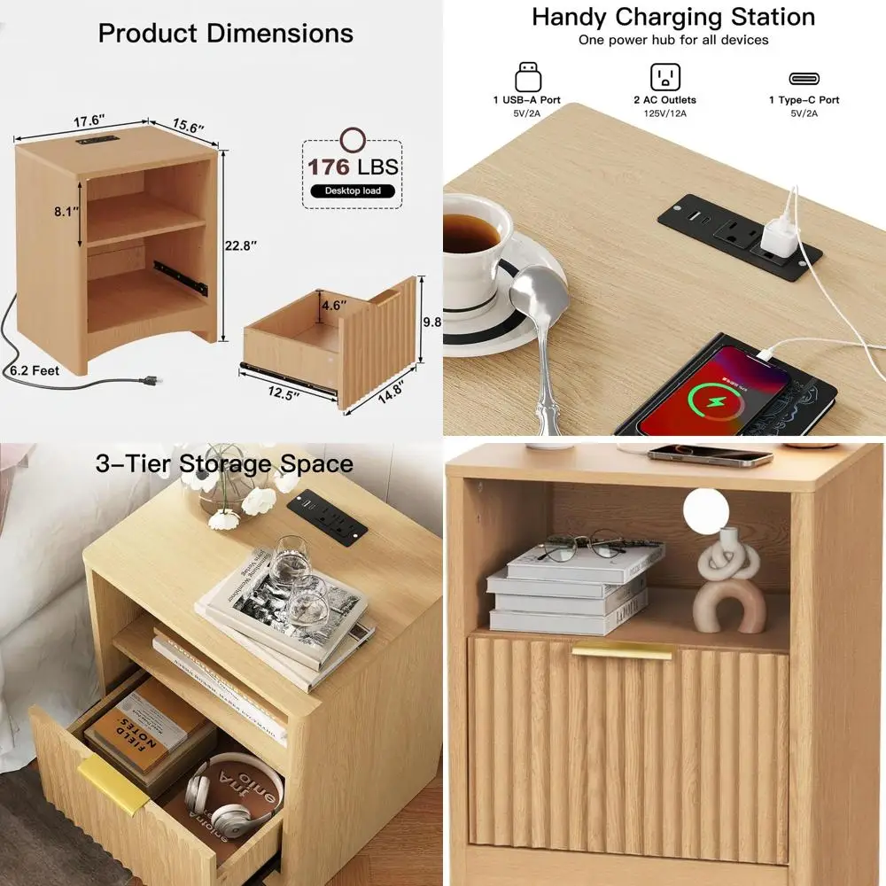 

Прикроватная тумбочка из светлого дуба с зарядной станцией, выдвижным ящиком и розетками USB/AC для современных спален