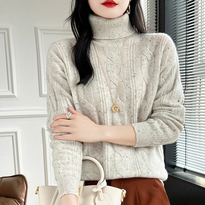 Dolcevita da donna 100% pura lana maglione lavorato a maglia autunno risvolto addensare pullover moda allentato intrecciato top camicia base a pois colorati