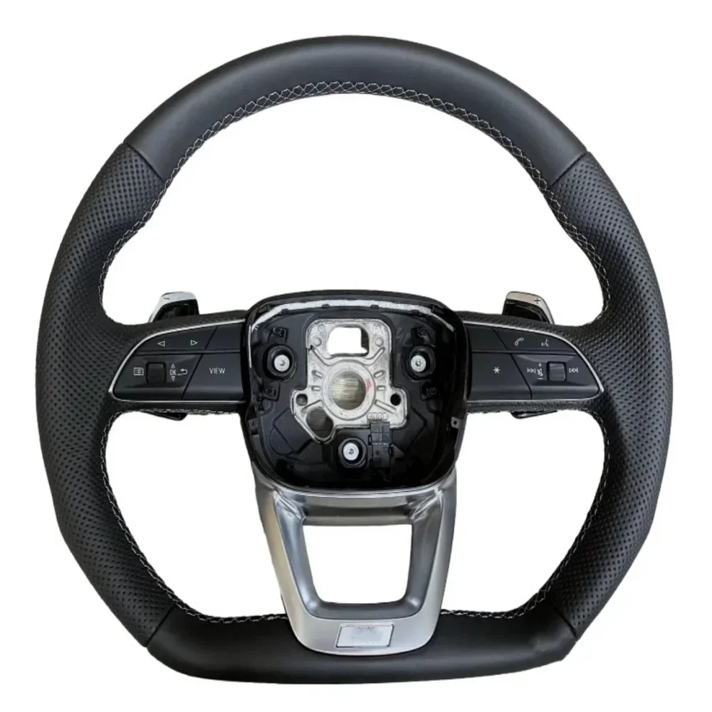 

For Audi Q5 FY White Stitching Perforated Leather Flat Bottomed Steering Wheel With Paddles Buttons Key Frame Assembly