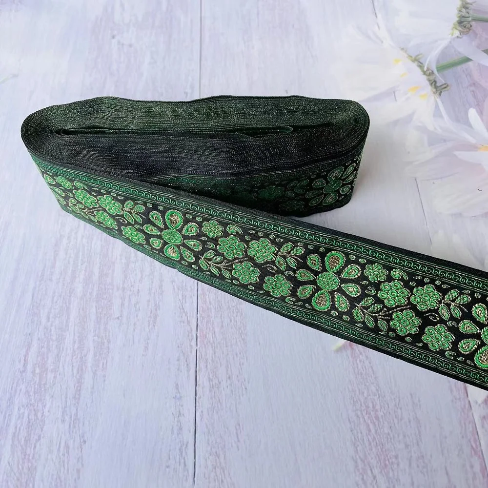 10yards/lots Woven Jacquard Ribbon 5cm  black background green flowers pattern IS-2934