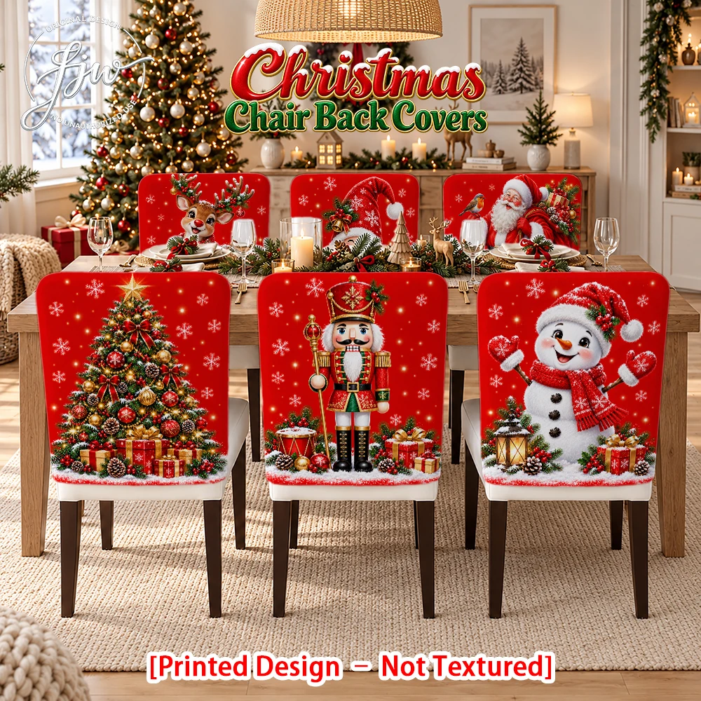 2/4/6pc Christmas Chair Back Covers Festive Xmas Snowman Santa Nutcracker Printed Dining Chair Slipcovers for Holiday Home Decor