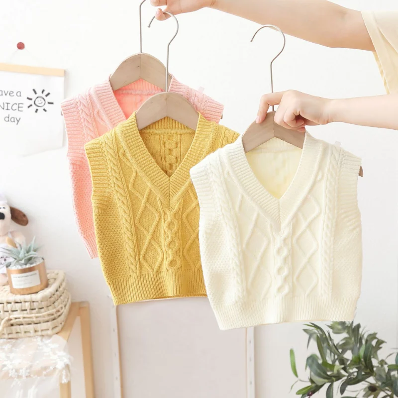 Spring Autumn New Baby Girl Cable-knit Vest Sweater Fashion Infant Girl Cotton Knitted Sleeveless Tops Toddler Clothes FY12094