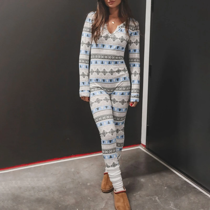 Women's Christmas Pajamas Romper Long Sleeve Zip Up Jumpsuit Button Bodycon Bodysuit Snowflake Plaid Print Loungewear