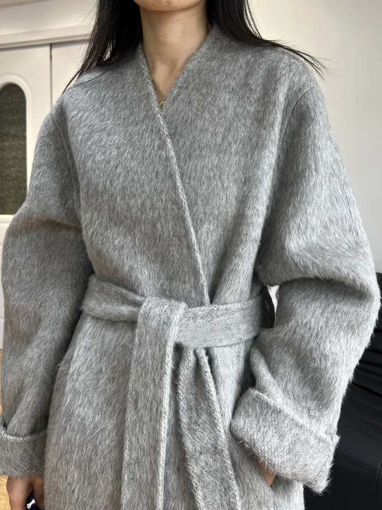 Luxury Women V-neck Double-sided Alpaca Wool Coat Loose Lace-up Bathrobe Long Woolen Coat Female Tweed Jacket Autumn Winter