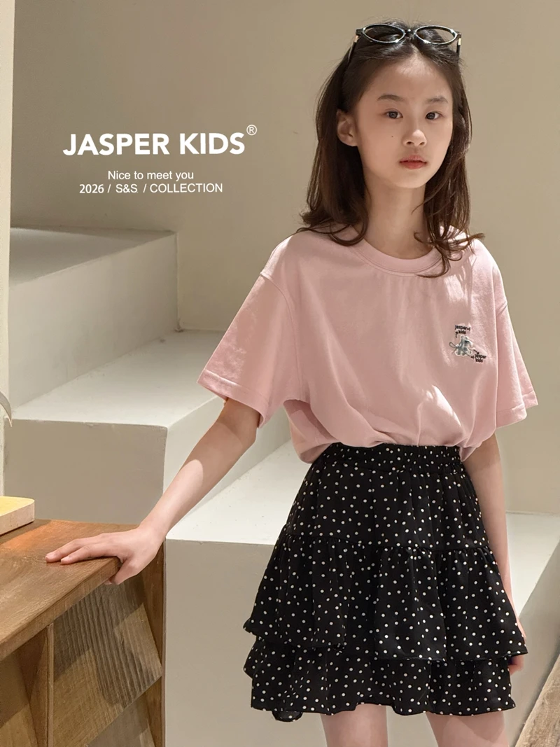 Camiseta Infantil Polara Jasper com Bordado de Cachorro, Manga Curta, Algodão Macio, Estilo Coreano, Caimento Solto, Respiráv...