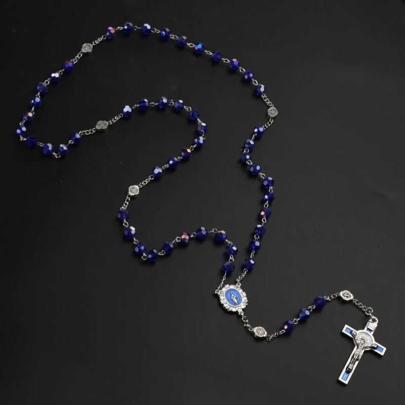 Blue Crystal Bead Rosary Necklace Vintage Catholic Religious for Cross Jesus Pendant Necklaces for Men Women Jewelry Charm Gift