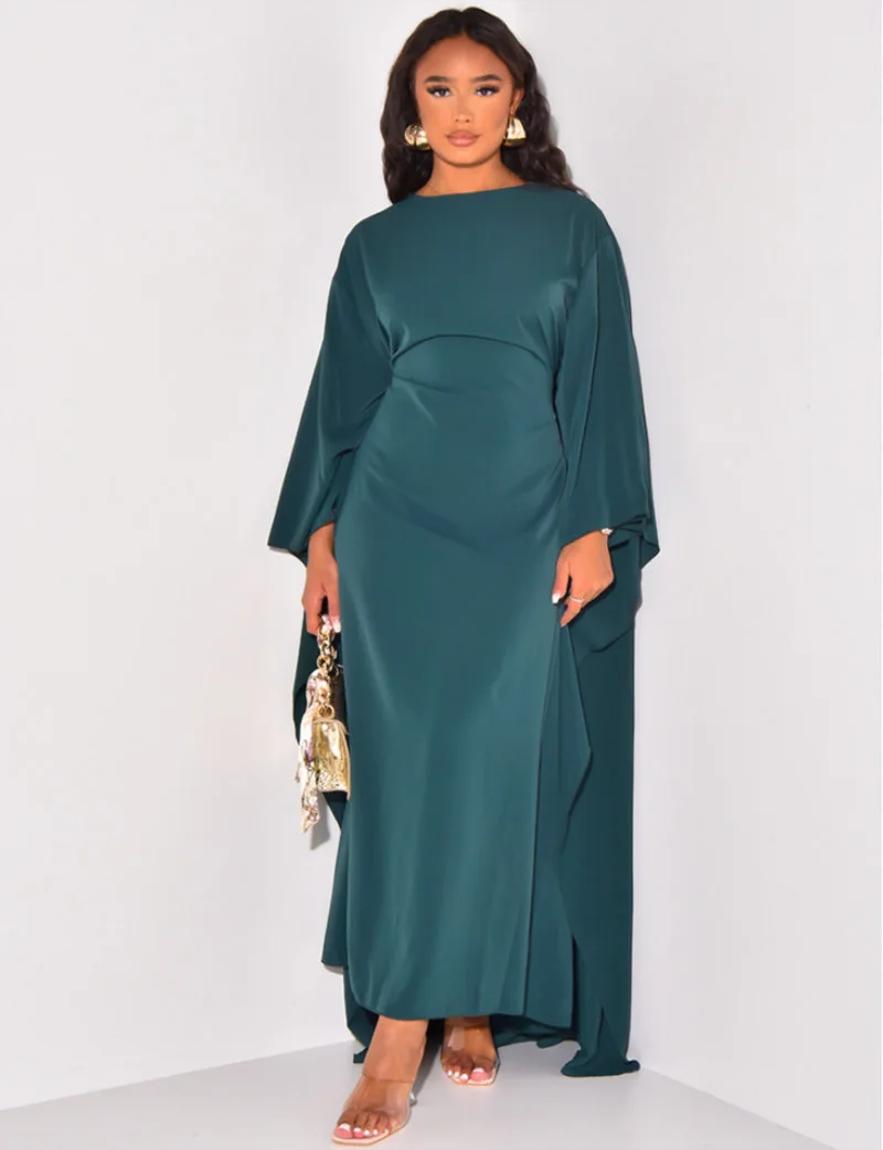 L0401 Fashion Satin Party Dress Robe Abaya Muslim Women Elegant Solid Round Neck Bat Sleeves Loose Maxi Dress Women