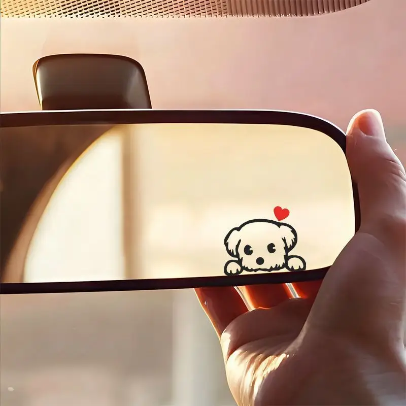 Cute Peeking Puppy With Red Heart Vinyl Rearview Mirror Decal, Cartoon Little Dog Removable Mini Decor Sticker for Car Interio