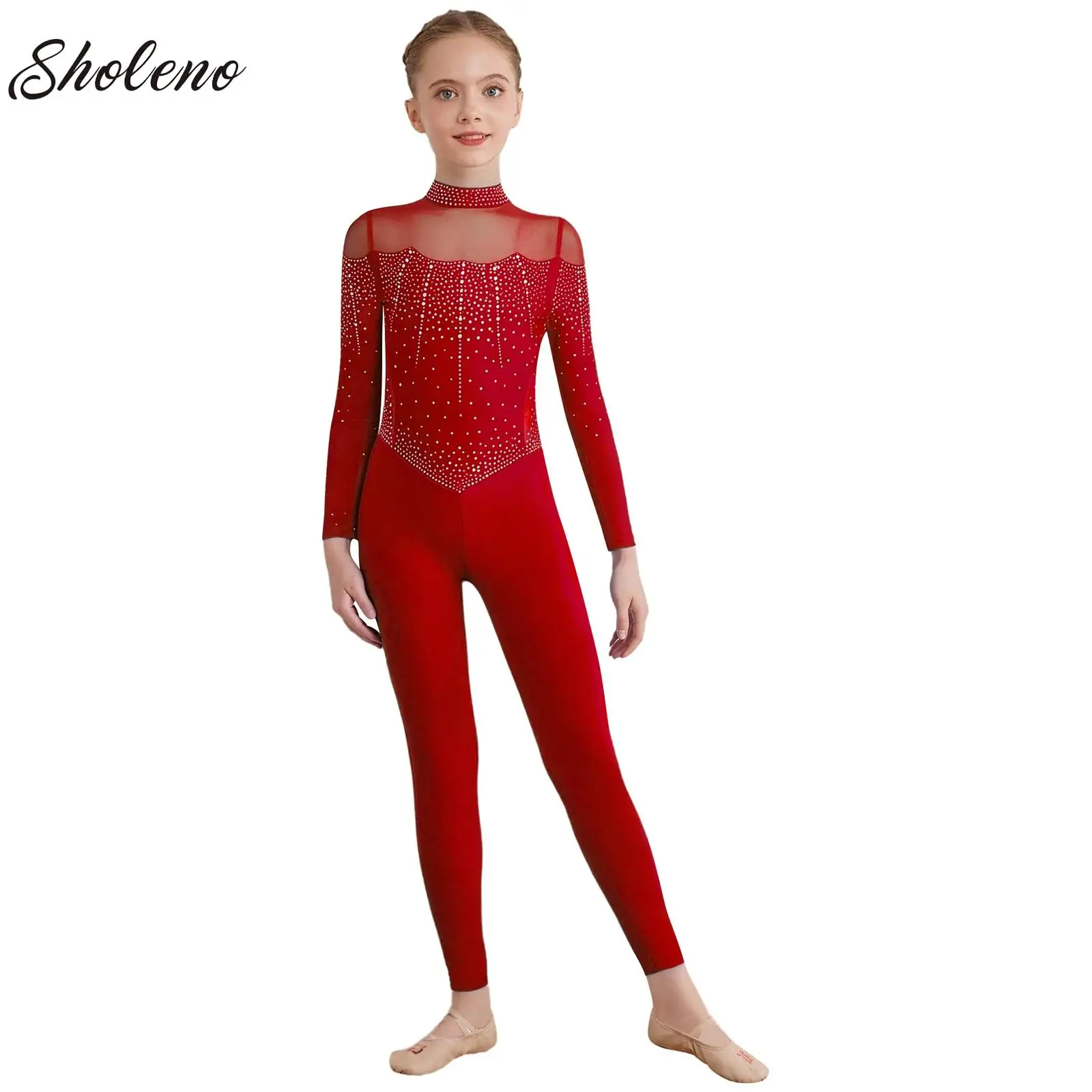 

Kids Shiny Rhinestone Full Body Unitard Leotards Bodysuit Dancewear Girls Gymnastics Figure Skating Jumpsuits Performance Suit