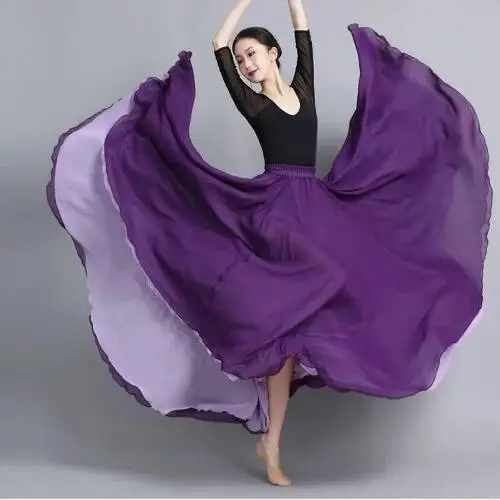 Flamenco Chiffon Dansrok Dames 720 Graden Effen Kleur Lange Rokken Danser Oefenkleding Chinese Stijl Rok met Grote Zoom