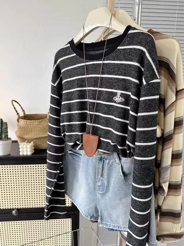 

Американская ретро-футболка с вышивкой, свободного кроя, с длинным рукавом, женская, базовая, для осени и ранней весны, с широкими полосами, оверсайз