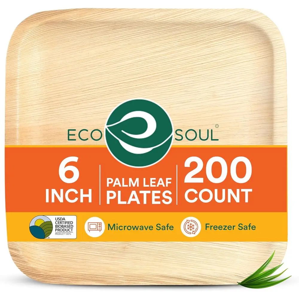 

6 Inch Square Bamboo-Like Compostable Plates, 200 Pack Disposable Tableware for Parties, Weddings, and Catering Events
