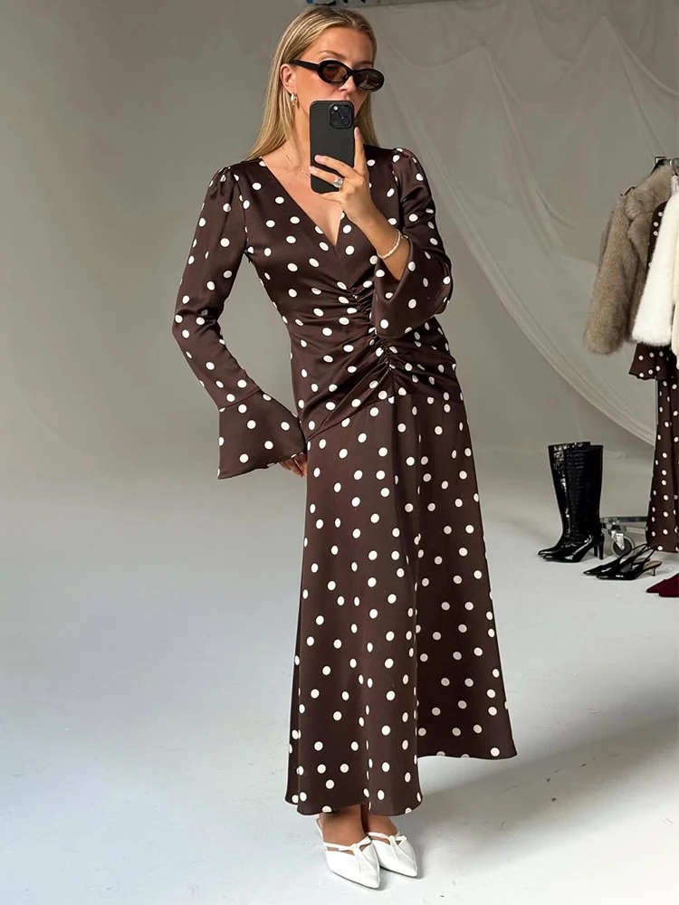 Trendix Brown Dot Print Maxi Dresses Femme Vintage Slim Pleated Long Sleeve Dress Autumn New Party Sexy V Neck Long Dress 2025