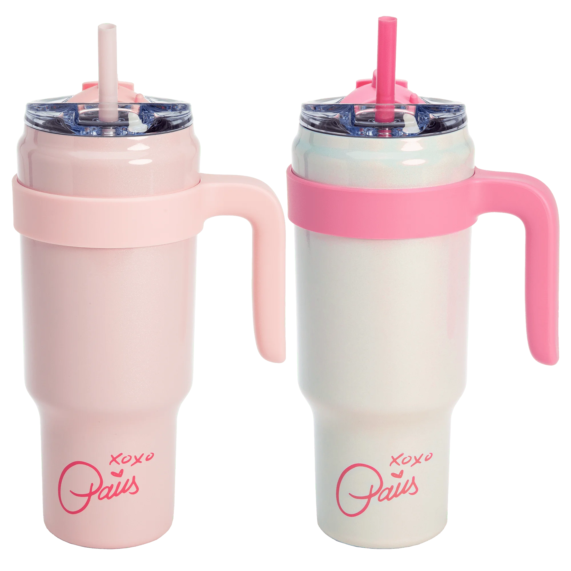 40oz Stainless Steel Tumbler Set, Double Wall Vacuum Insulated Cup with Removable Handle, Reusable Straw, White and Pink