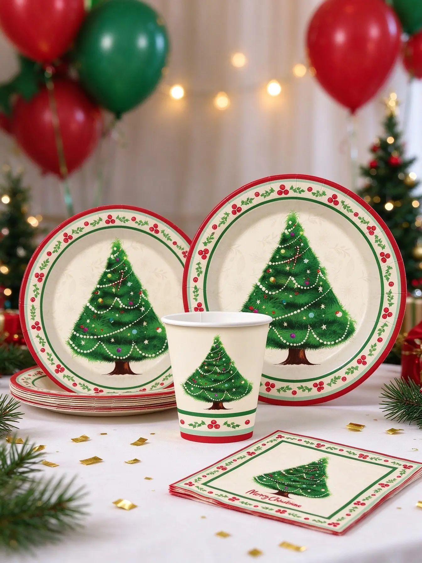 10Pcs Optional Christmas Tree Disposable Paper Tableware Set, Plates Cups Napkins, Xmas Party Supplies